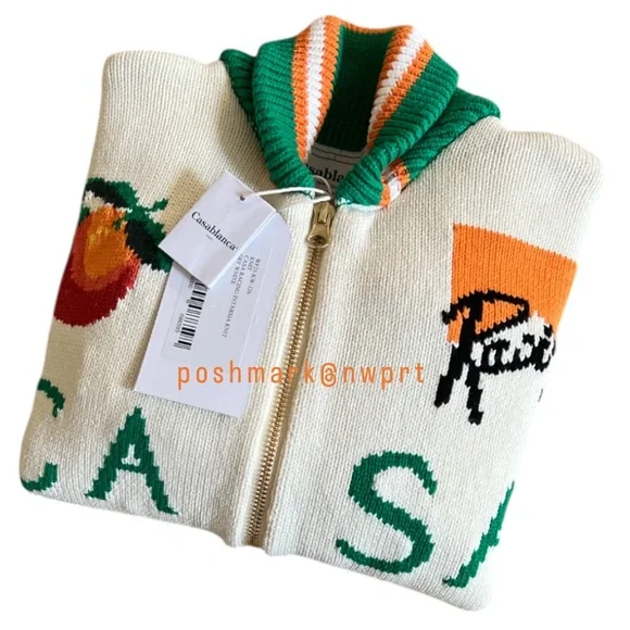 CASABLANCA 🐰 Casa Racing Knit Sweater Cardigan Off White Green Orange Rabbit XS - Picture 4 of 16